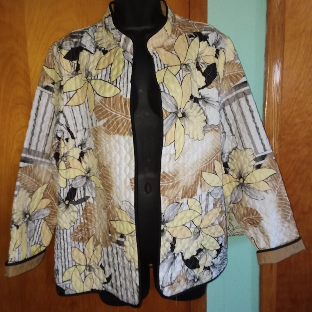 Alfred Dunner womens sz 14 open front floral print lightweight quilted jacket